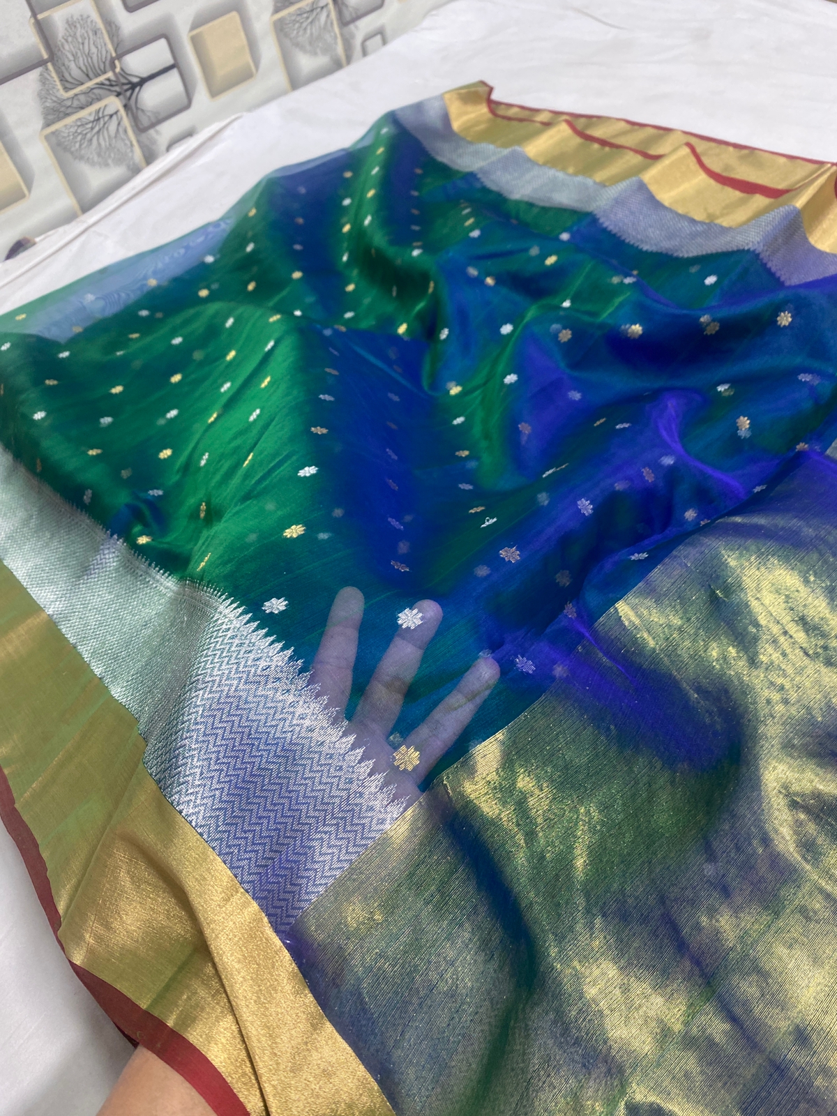 Handwoven Blue Gulf Blue Color Organza Chanderi Katan Silk Saree - Authentic Chanderi silk sarees Chanderi Saree - View 4