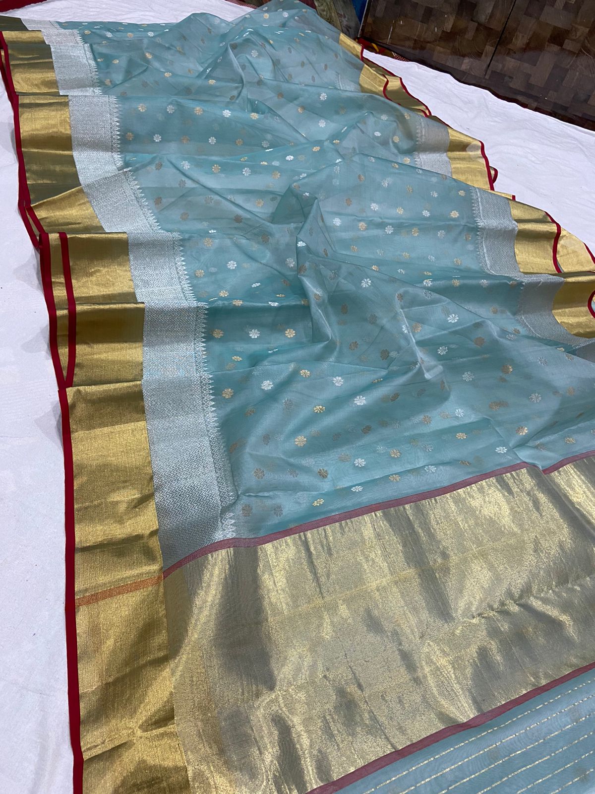 Handwoven Gumbo Color Organza Chanderi Katan Silk Saree - Authentic Chanderi silk sarees Chanderi Saree