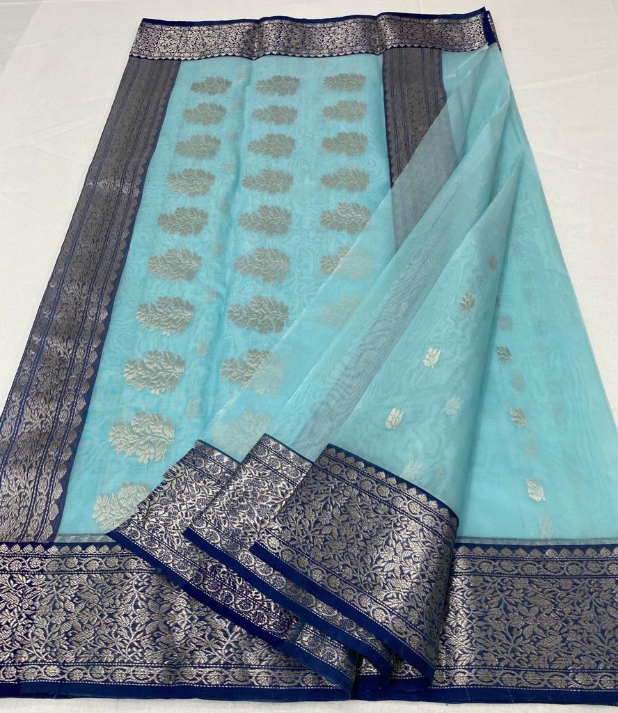 Handwoven Half baked Color Organza Chanderi Katan Silk Saree - Authentic Chanderi silk sarees Chanderi Saree - View 2