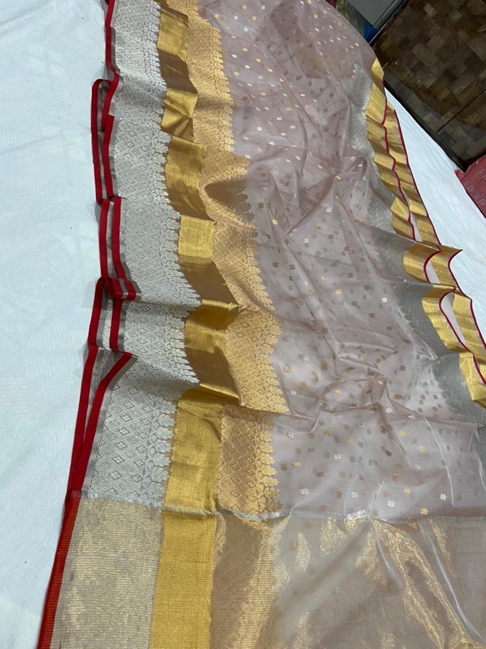 Handwoven Hemp Color Organza Chanderi Katan Silk Saree - Authentic Chanderi silk sarees Chanderi Saree