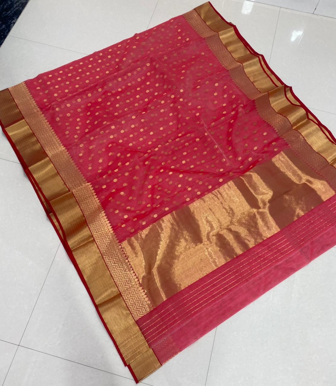 Handwoven Pink Hippie Pink Color Organza Chanderi Katan Silk Saree - Authentic Chanderi silk sarees Chanderi Saree