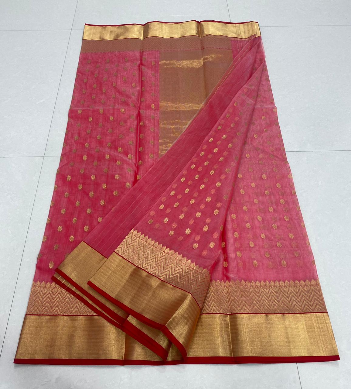 Handwoven Pink Hippie Pink Color Organza Chanderi Katan Silk Saree - Authentic Chanderi silk sarees Chanderi Saree - View 2
