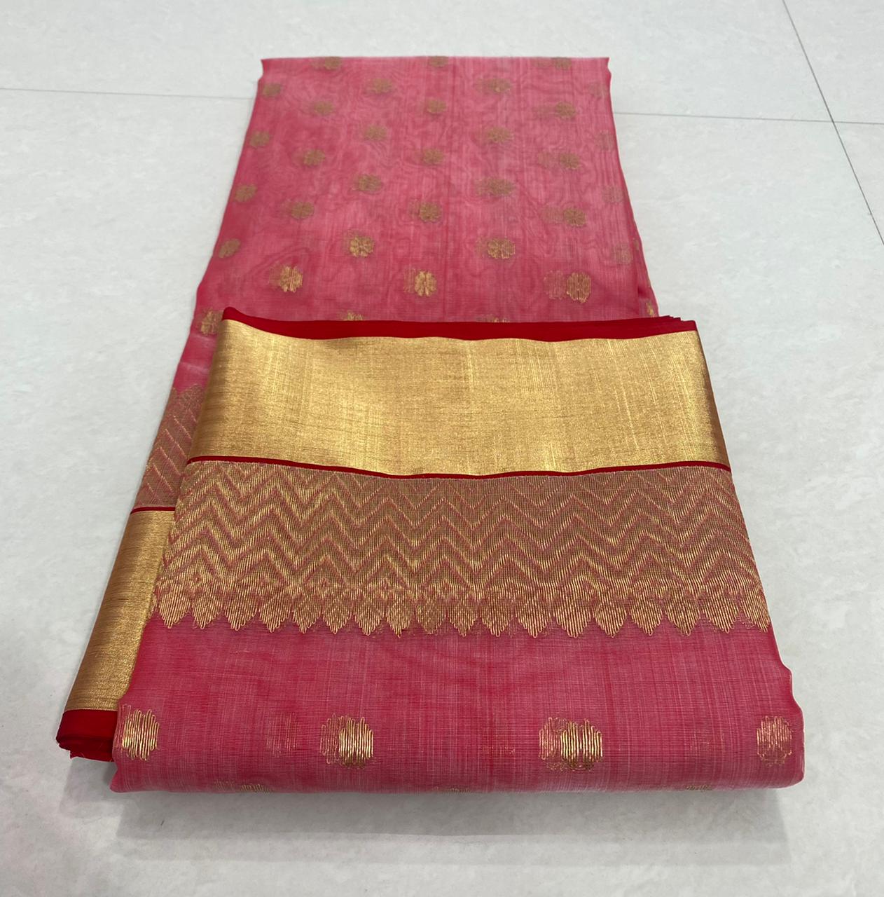 Handwoven Pink Hippie Pink Color Organza Chanderi Katan Silk Saree - Authentic Chanderi silk sarees Chanderi Saree - View 3