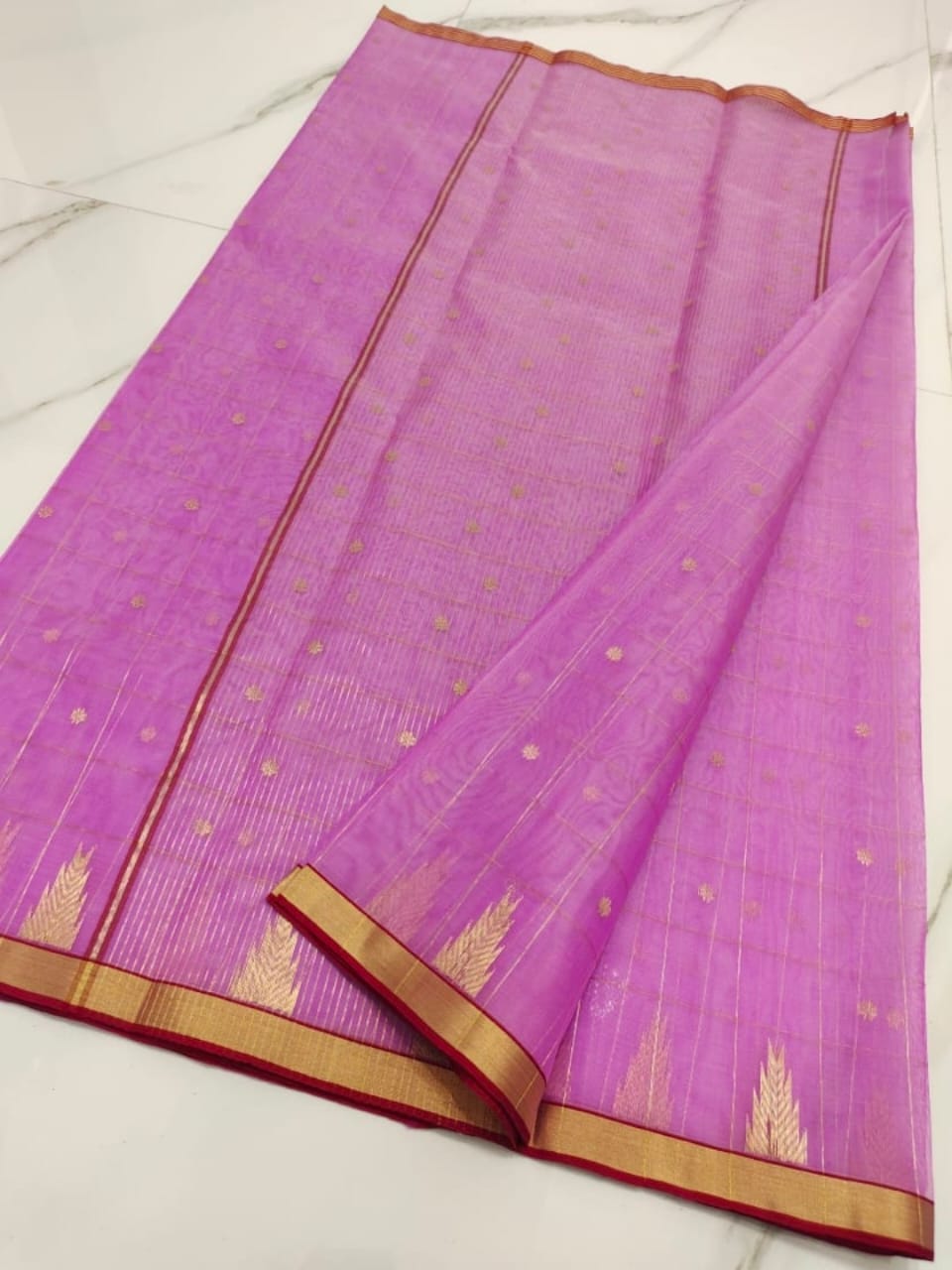 Handwoven Hopbush Color Organza Chanderi Katan Silk Saree - Authentic Chanderi silk sarees Chanderi Saree