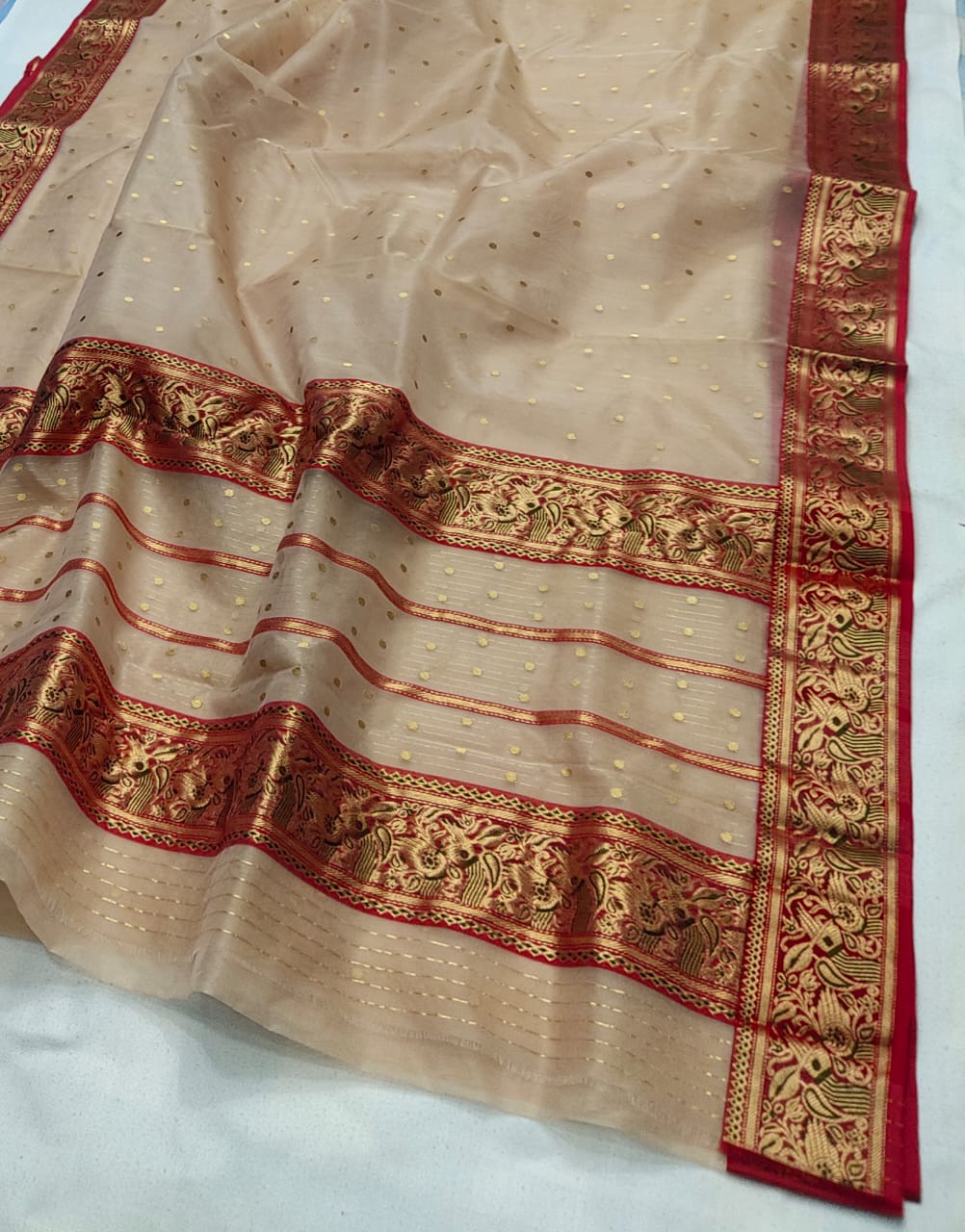Handwoven Indian Khaki Color Organza Chanderi Katan Silk Saree - Authentic Chanderi silk sarees Chanderi Saree - View 1