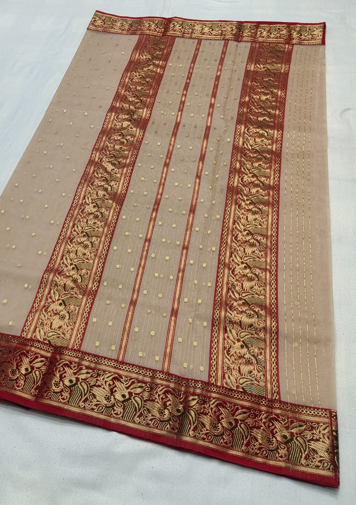 Handwoven Indian Khaki Color Organza Chanderi Katan Silk Saree - Authentic Chanderi silk sarees Chanderi Saree - View 2