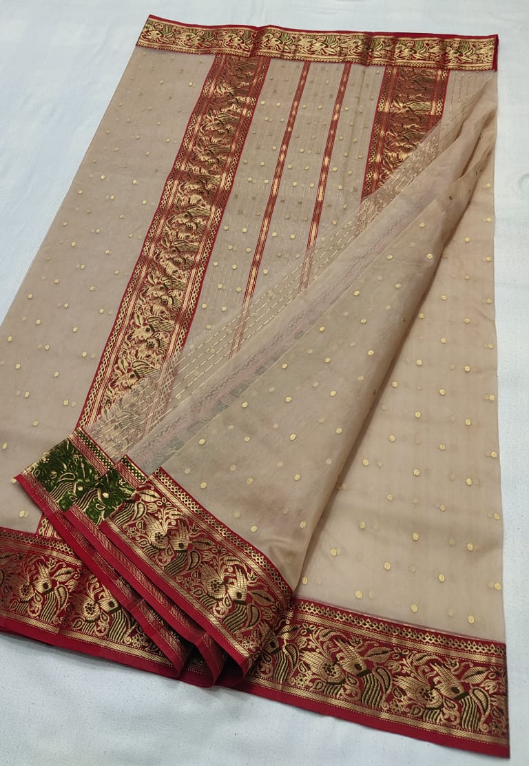 Handwoven Indian Khaki Color Organza Chanderi Katan Silk Saree - Authentic Chanderi silk sarees Chanderi Saree - View 3