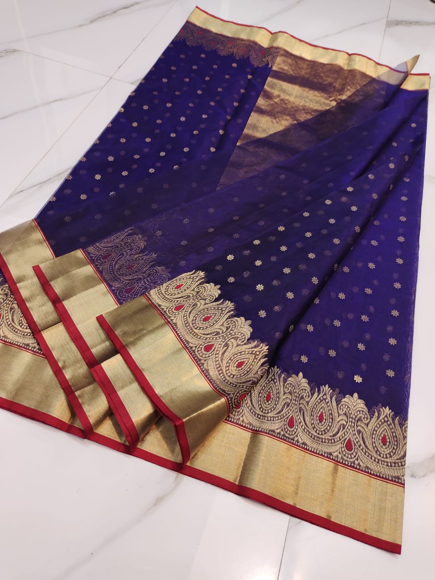 Handwoven Jacarta Color Organza Chanderi Katan Silk Saree - Authentic Chanderi silk sarees Chanderi Saree
