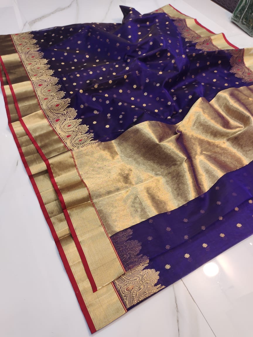 Handwoven Jacarta Color Organza Chanderi Katan Silk Saree - Authentic Chanderi silk sarees Chanderi Saree - View 2