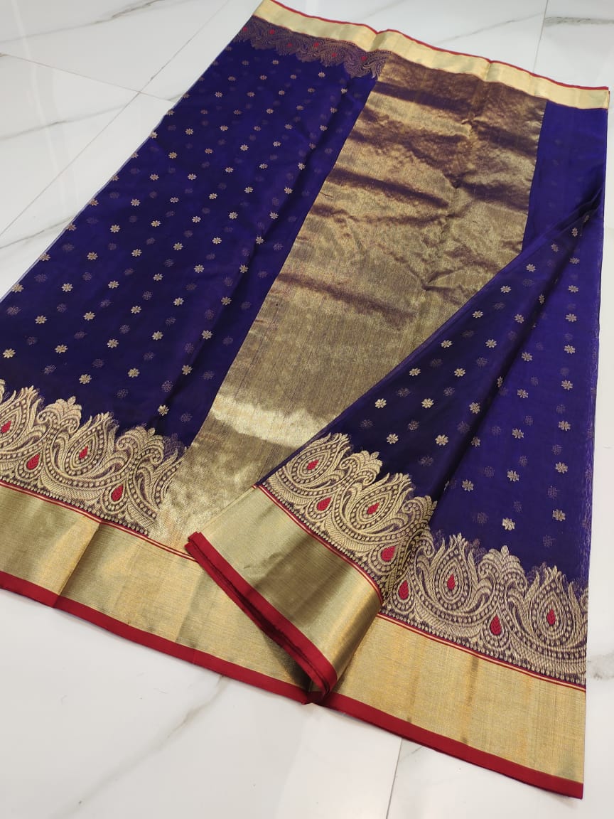 Handwoven Jacarta Color Organza Chanderi Katan Silk Saree - Authentic Chanderi silk sarees Chanderi Saree - View 3