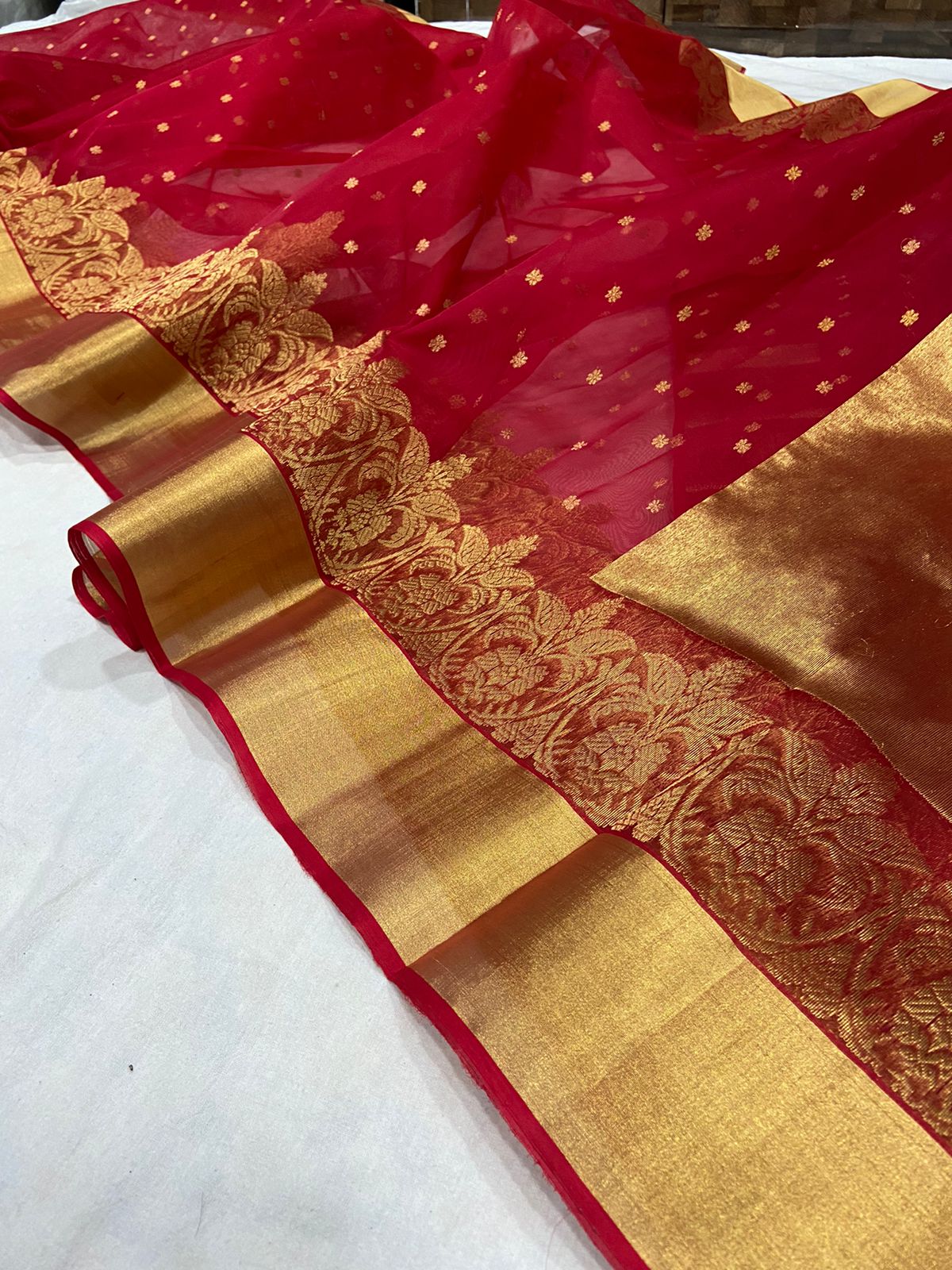Handwoven Japanese Maple Color Organza Chanderi Katan Silk Saree - Authentic Chanderi silk sarees Chanderi Saree
