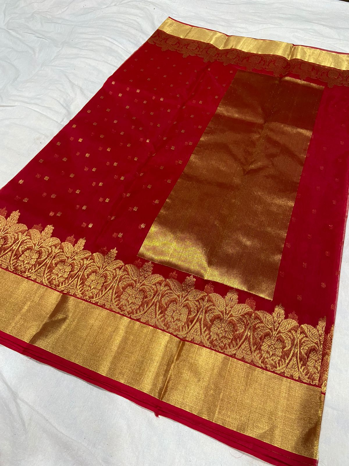 Handwoven Japanese Maple Color Organza Chanderi Katan Silk Saree - Authentic Chanderi silk sarees Chanderi Saree - View 2