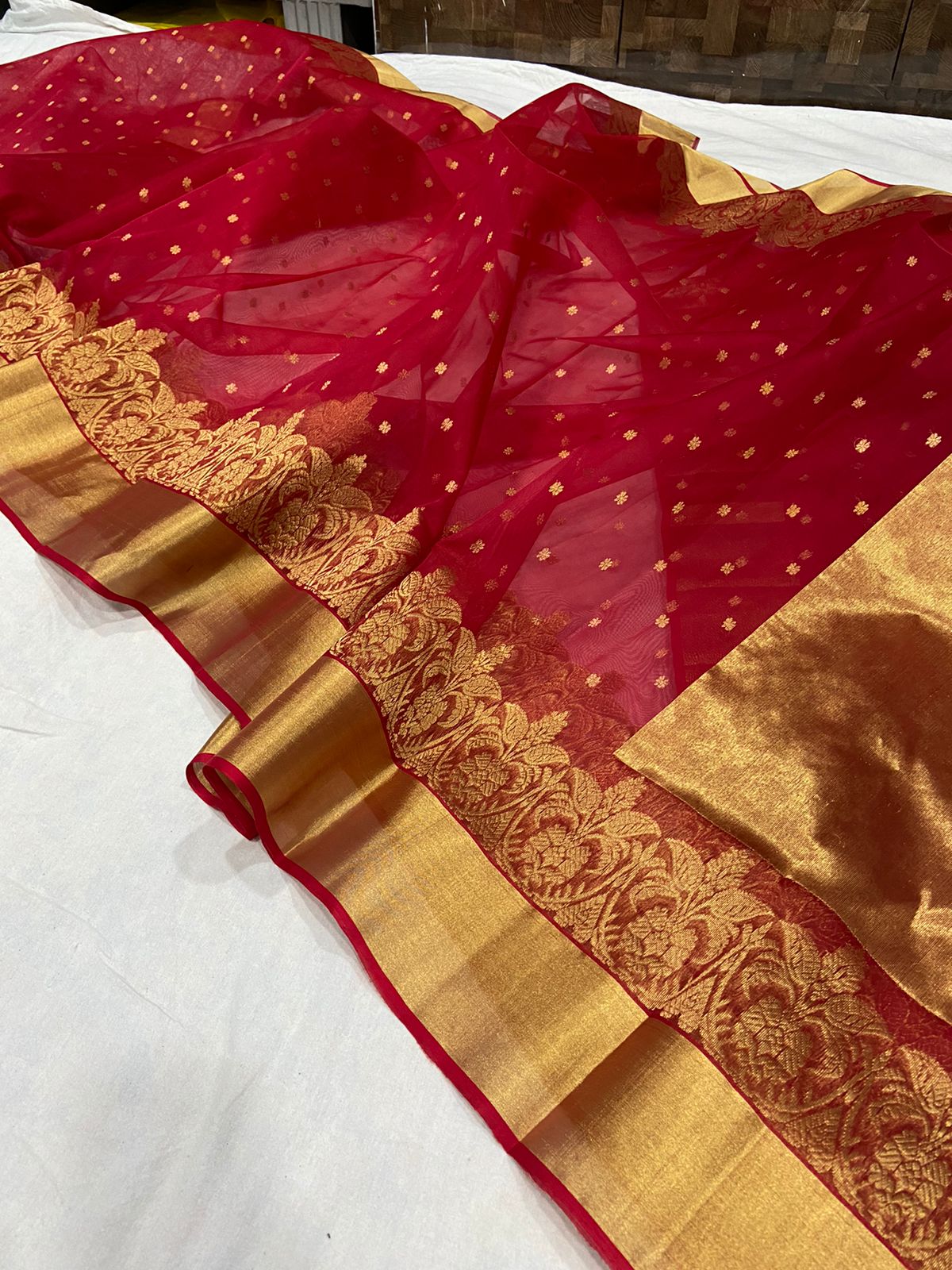 Handwoven Japanese Maple Color Organza Chanderi Katan Silk Saree - Authentic Chanderi silk sarees Chanderi Saree - View 3