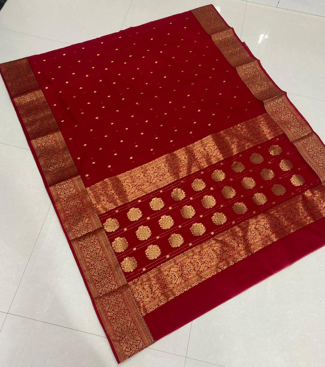 Handwoven Japanese Maple Color Organza Chanderi Katan Silk Saree - Authentic Chanderi silk sarees Chanderi Saree
