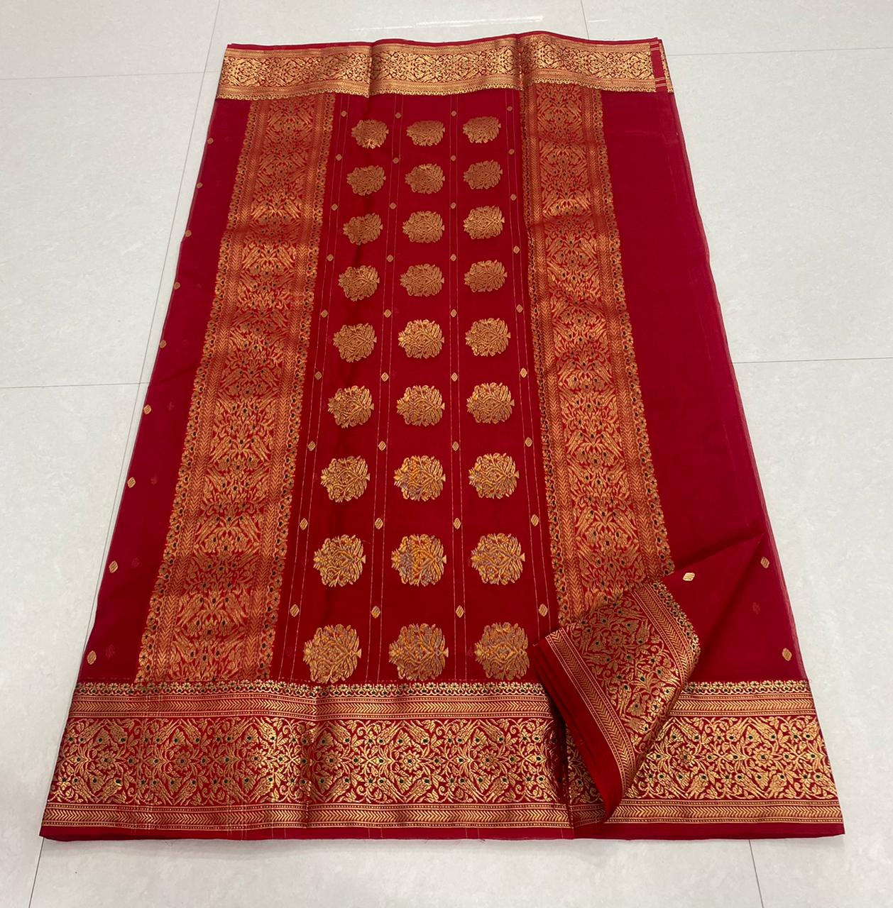 Handwoven Japanese Maple Color Organza Chanderi Katan Silk Saree - Authentic Chanderi silk sarees Chanderi Saree - View 2