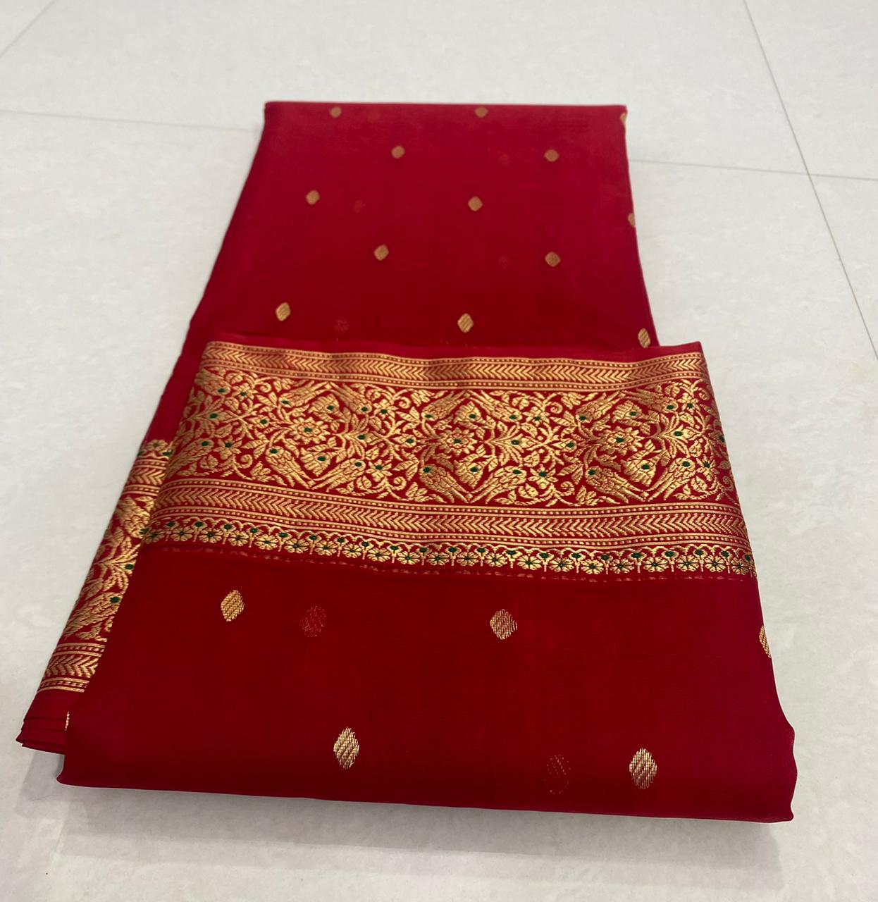 Handwoven Japanese Maple Color Organza Chanderi Katan Silk Saree - Authentic Chanderi silk sarees Chanderi Saree - View 3