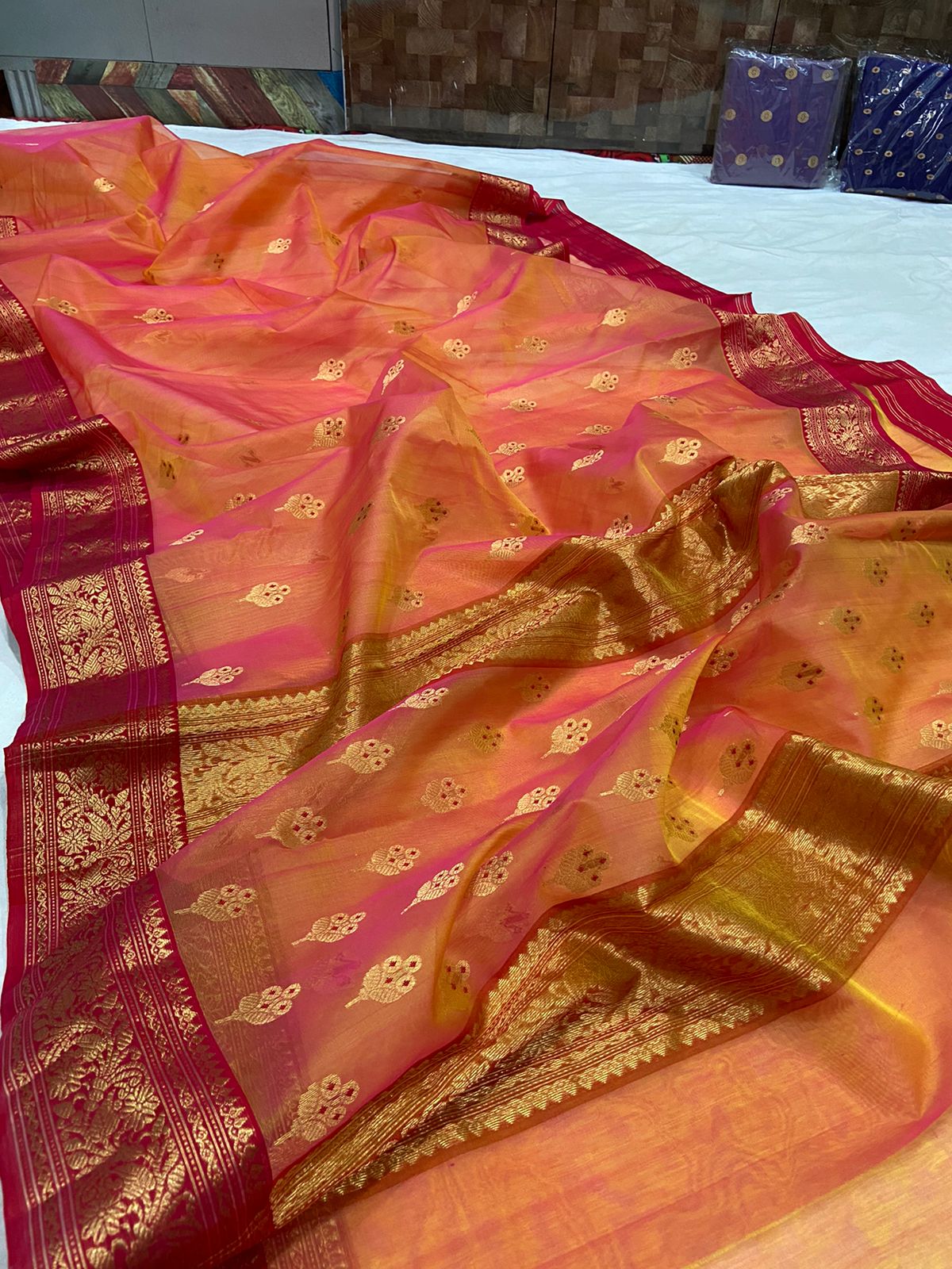 Handwoven Jasper Color Organza Chanderi Katan Silk Saree - Authentic Chanderi silk sarees Chanderi Saree