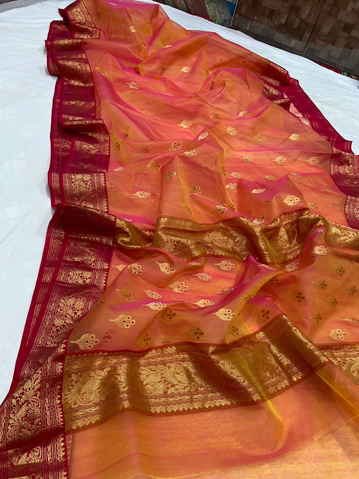 Handwoven Jasper Color Organza Chanderi Katan Silk Saree - Authentic Chanderi silk sarees Chanderi Saree - View 2