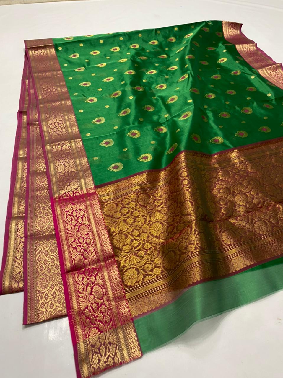 Handwoven Jewel Color Chanderi Pattu Silk Saree - Authentic Chanderi silk sarees Chanderi Saree