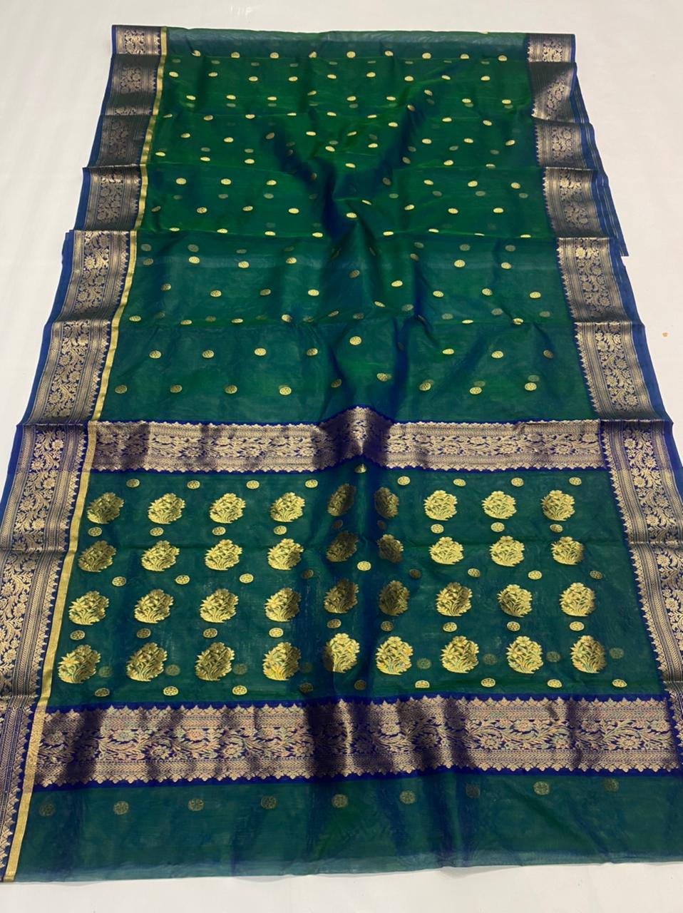 Handwoven Green Kaitoke Green Color Organza Chanderi Katan Silk Saree - Authentic Chanderi silk sarees Chanderi Saree