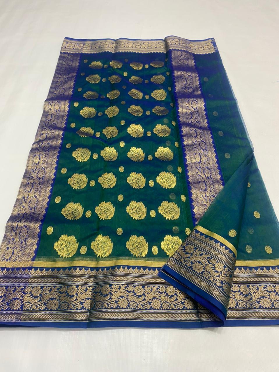 Handwoven Green Kaitoke Green Color Organza Chanderi Katan Silk Saree - Authentic Chanderi silk sarees Chanderi Saree - View 2