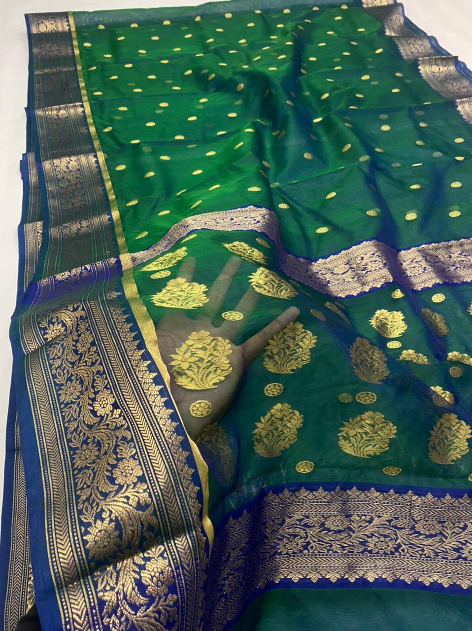 Handwoven Green Kaitoke Green Color Organza Chanderi Katan Silk Saree - Authentic Chanderi silk sarees Chanderi Saree - View 3