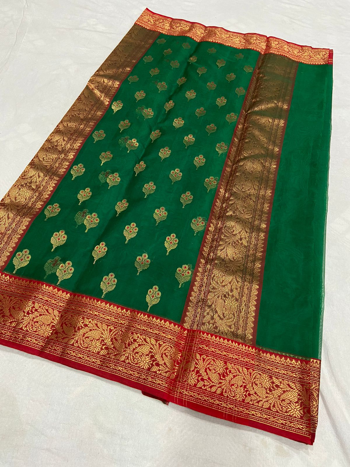 Handwoven Green Kaitoke Green Color Organza Chanderi Katan Silk Saree - Authentic Chanderi silk sarees Chanderi Saree