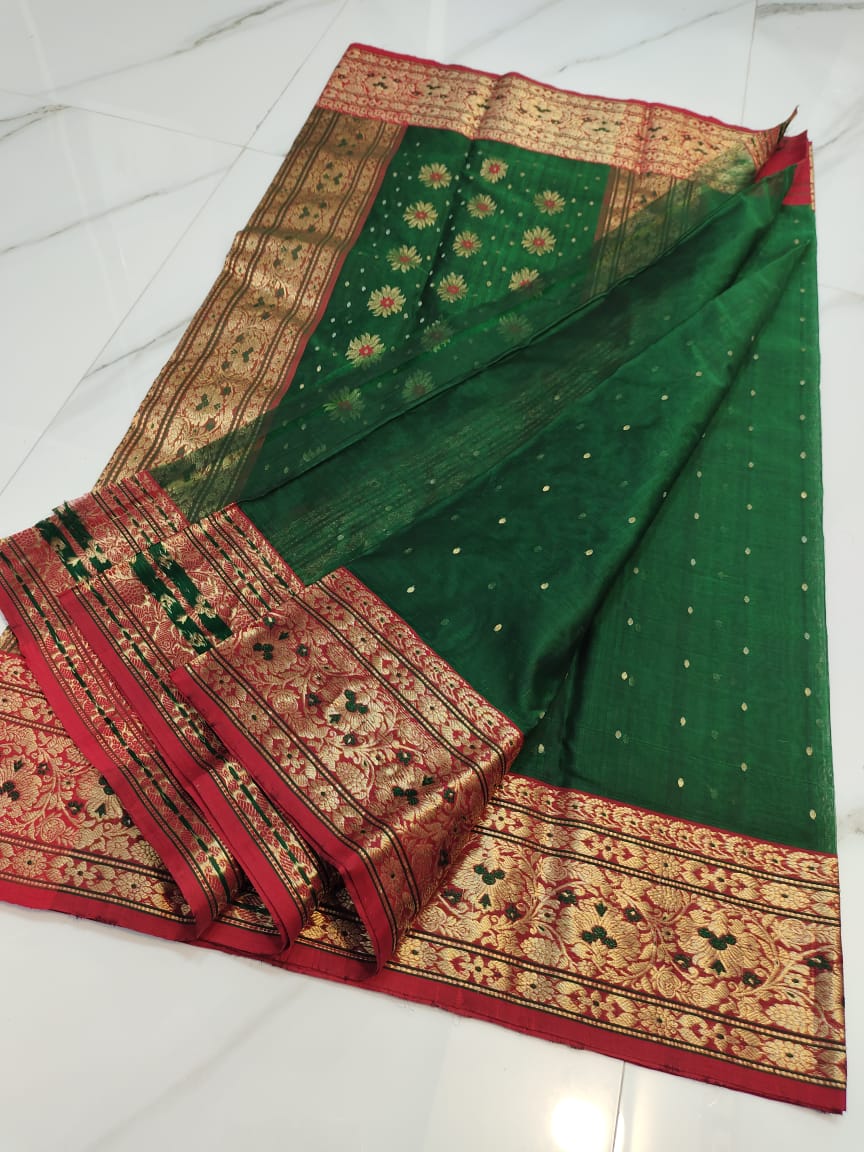 Handwoven Killarney Color Organza Chanderi Katan Silk Saree - Authentic Chanderi silk sarees Chanderi Saree - View 1