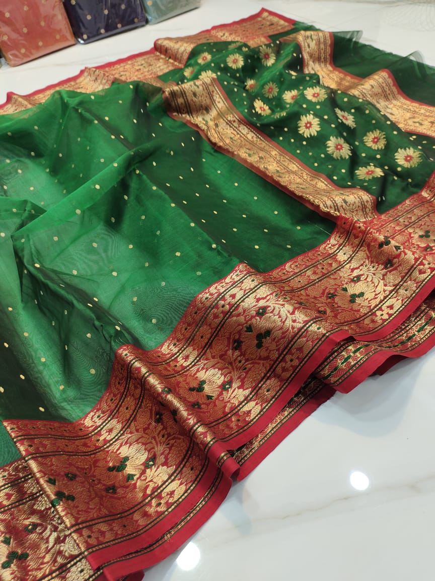Handwoven Killarney Color Organza Chanderi Katan Silk Saree - Authentic Chanderi silk sarees Chanderi Saree - View 2