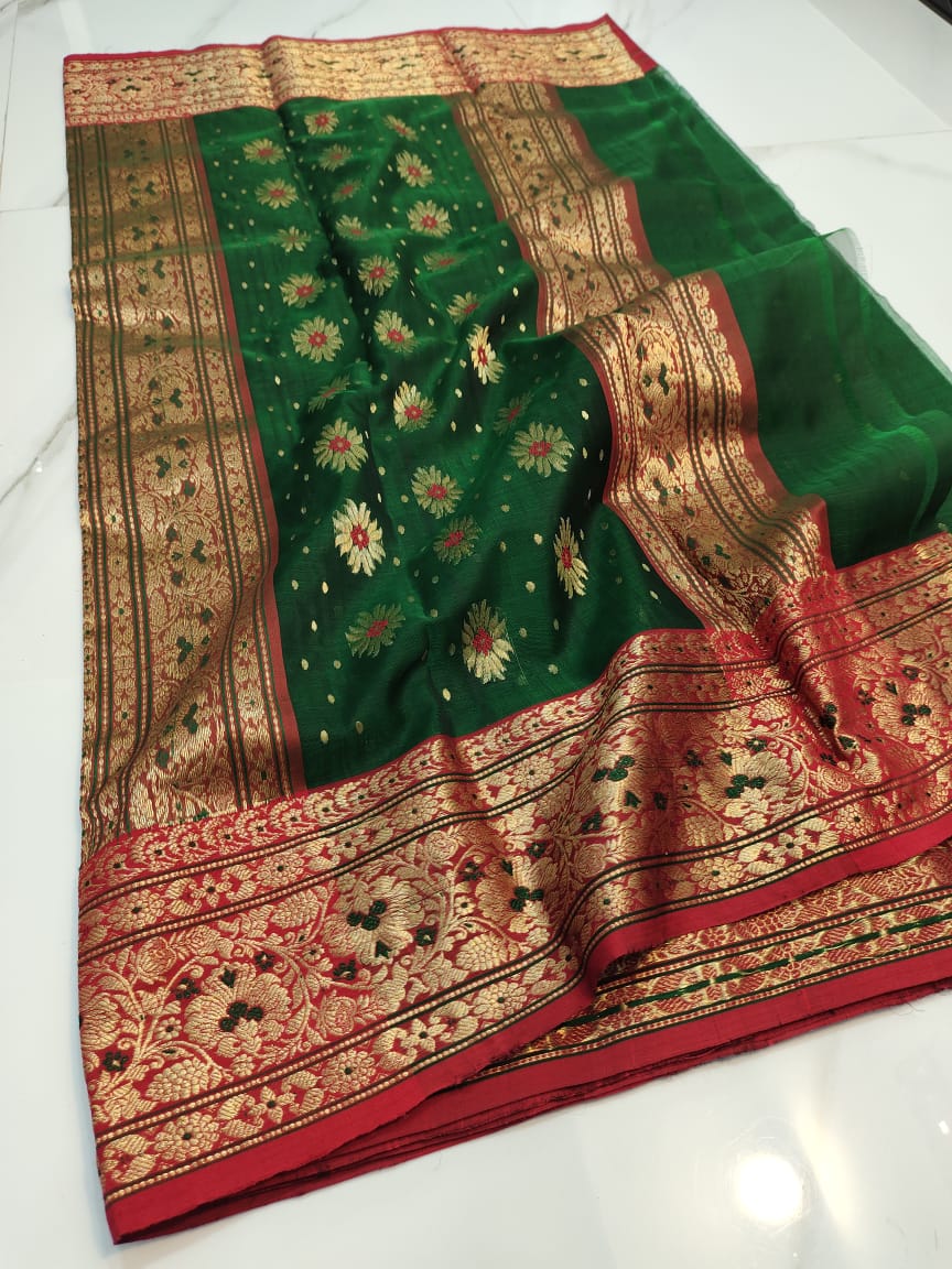 Handwoven Killarney Color Organza Chanderi Katan Silk Saree - Authentic Chanderi silk sarees Chanderi Saree - View 3
