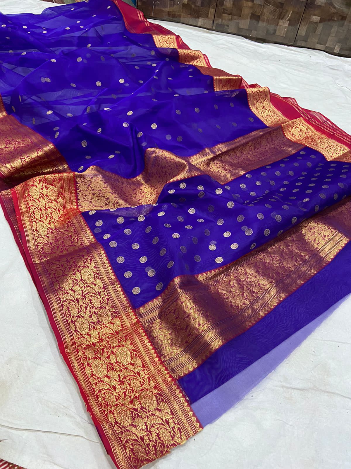 Handwoven Kingfisher Daisy Color Organza Chanderi Katan Silk Saree - Authentic Chanderi silk sarees Chanderi Saree - View 1