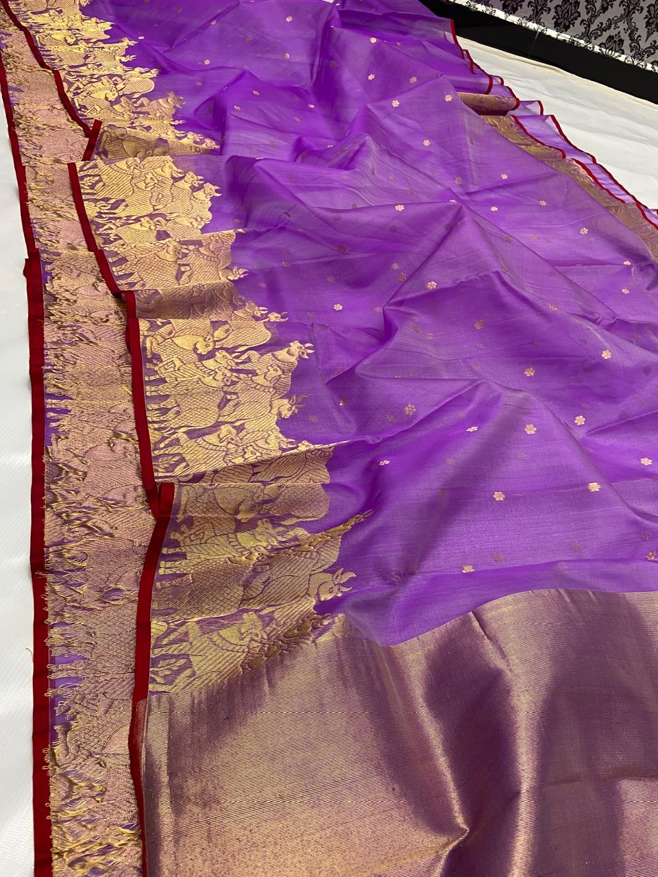 Lavender Pure Silk Saree with Rich Gold Zari Organza Chanderi Katan Silk Saree - Handloom Chanderi Saree