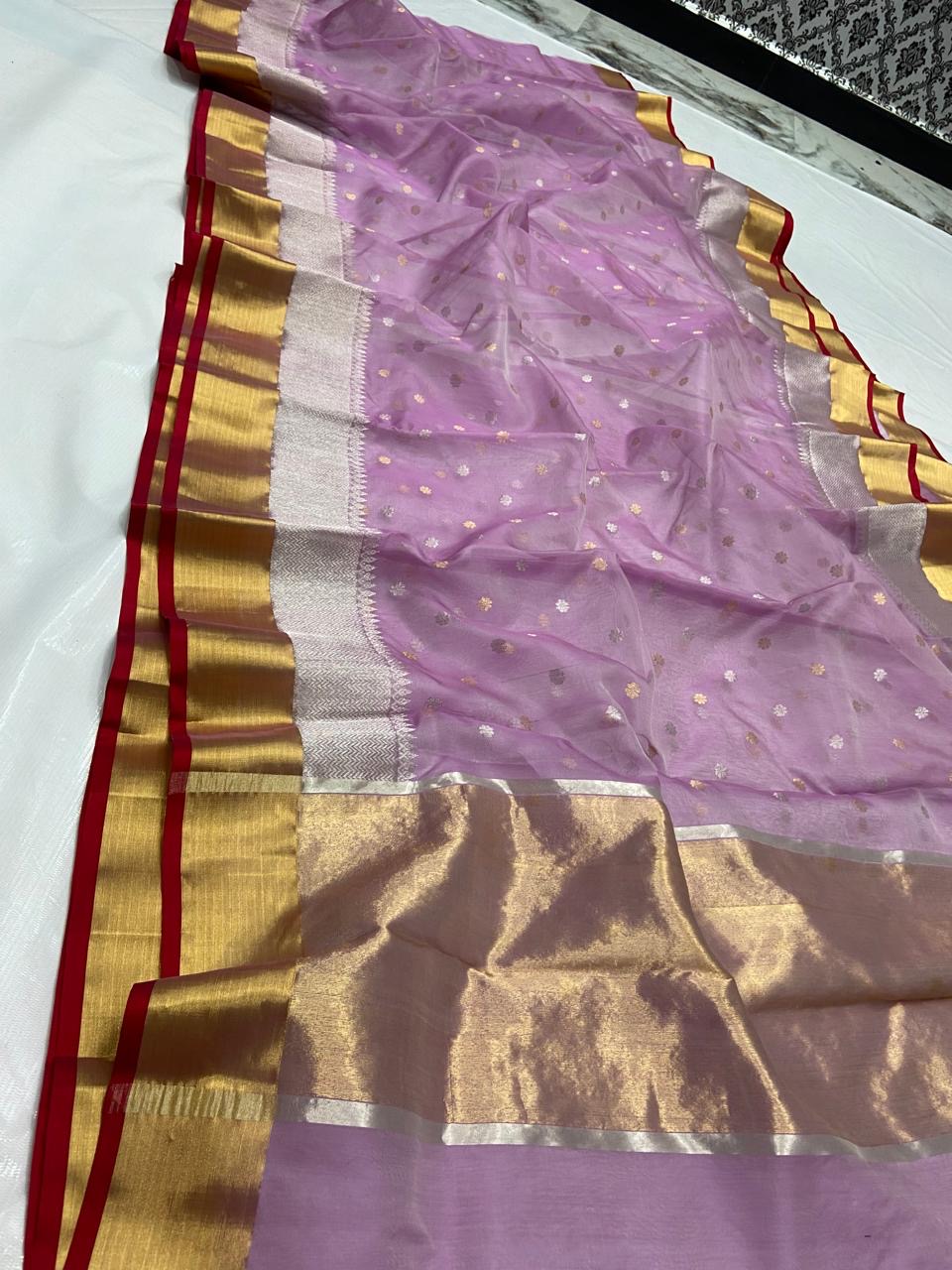 Lavender with Gold and Silver Zari Border Organza Chanderi Katan Silk Saree - Handloom Chanderi Saree