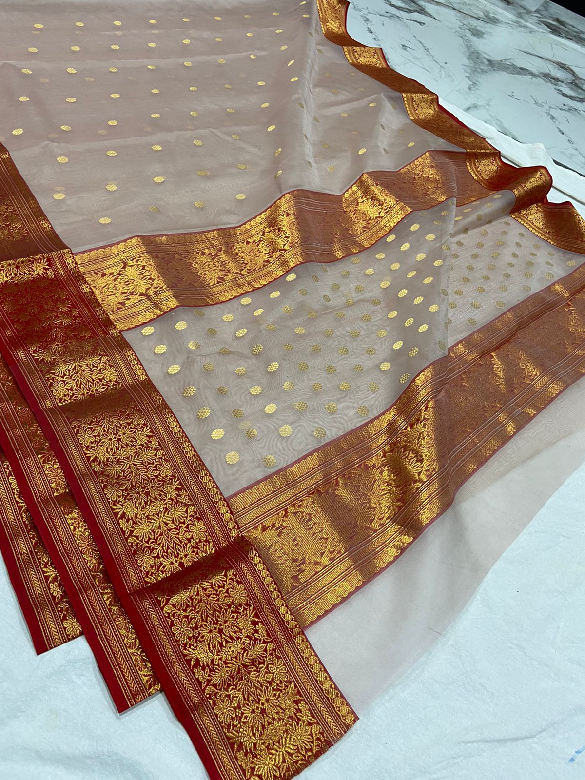 Handwoven Light Taupe Color Organza Chanderi Katan Silk Saree - Authentic Chanderi silk sarees Chanderi Saree