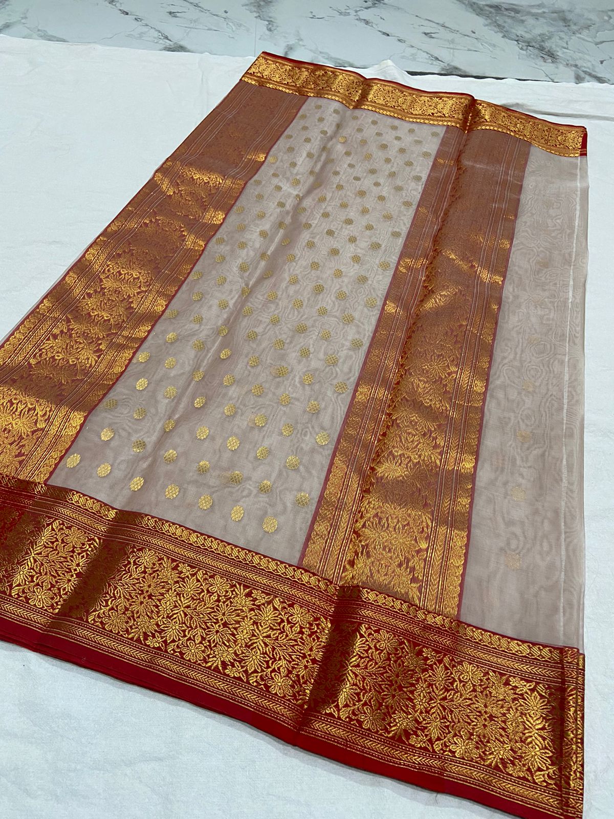 Handwoven Light Taupe Color Organza Chanderi Katan Silk Saree - Authentic Chanderi silk sarees Chanderi Saree - View 2
