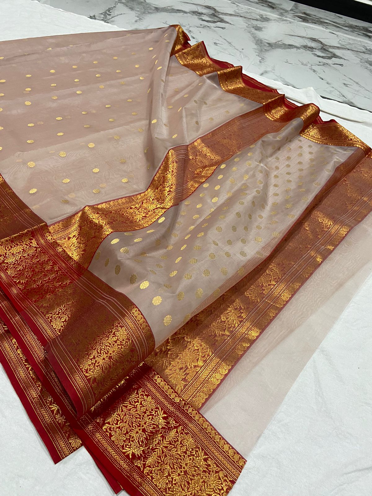 Handwoven Light Taupe Color Organza Chanderi Katan Silk Saree - Authentic Chanderi silk sarees Chanderi Saree - View 3