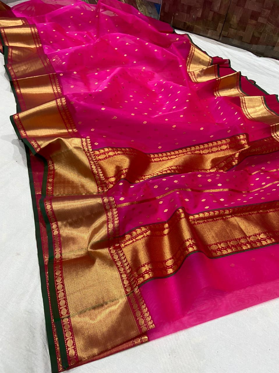 Handwoven Lipstick Color Organza Chanderi Katan Silk Saree - Authentic Chanderi silk sarees Chanderi Saree - View 1