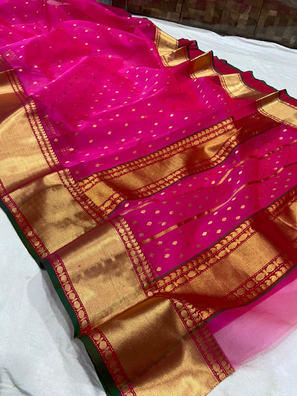 Handwoven Lipstick Color Organza Chanderi Katan Silk Saree - Authentic Chanderi silk sarees Chanderi Saree - View 3