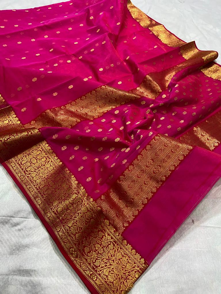 Handwoven Lipstick Color Organza Chanderi Katan Silk Saree - Authentic Chanderi silk sarees Chanderi Saree - View 3