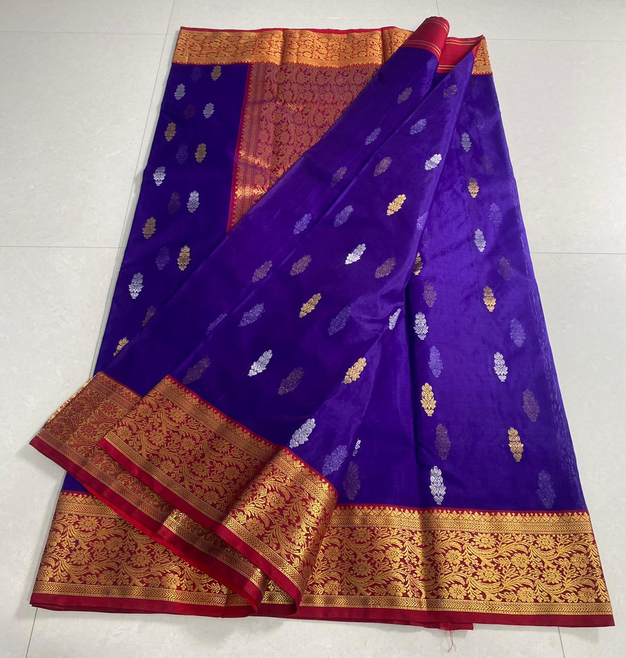 Handwoven Lucky Point Color Organza Chanderi Katan Silk Saree - Authentic Chanderi silk sarees Chanderi Saree - View 2