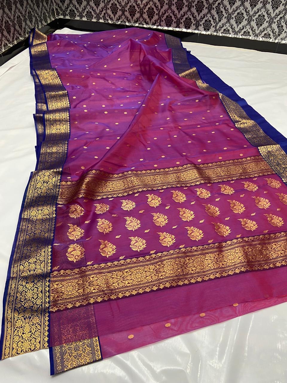 Magenta with Royal Blue and Gold Paisley Border Organza Chanderi Katan Silk Saree - Handloom Chanderi Saree