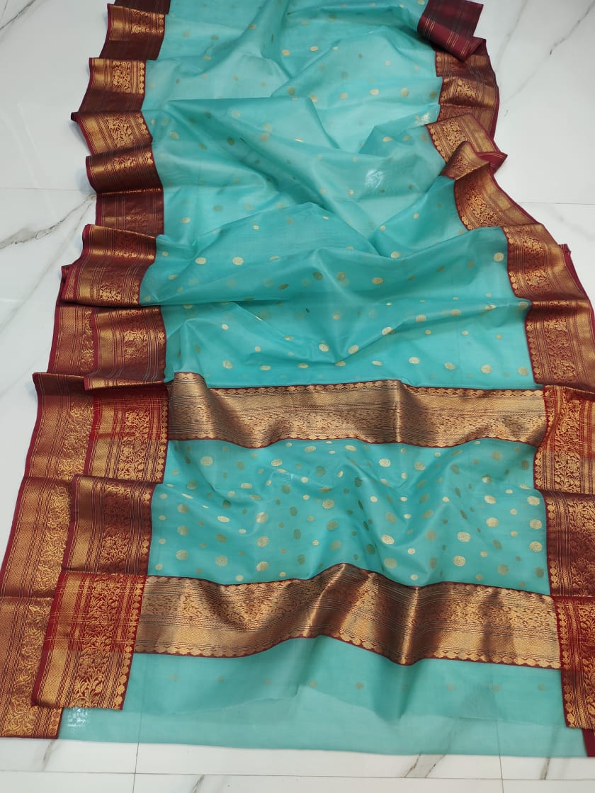 Handwoven Malachite Color Organza Chanderi Katan Silk Saree - Authentic Chanderi silk sarees Chanderi Saree