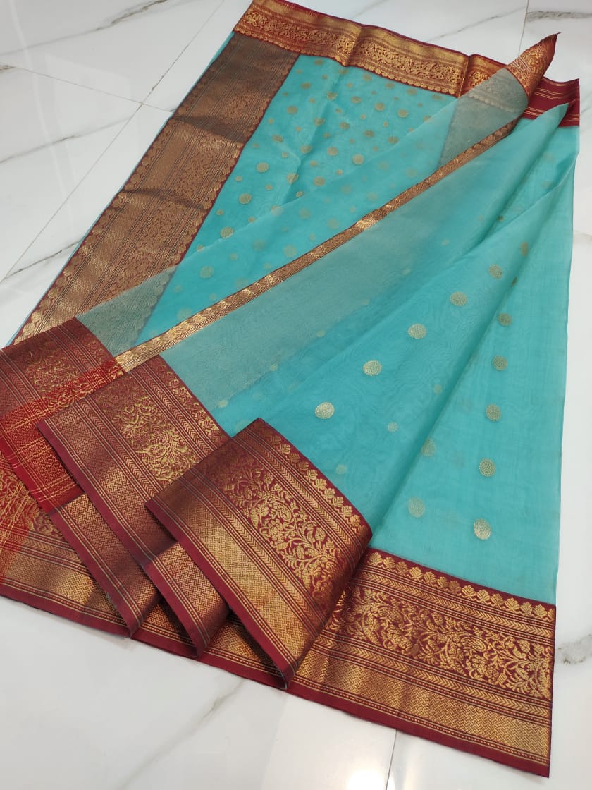 Handwoven Malachite Color Organza Chanderi Katan Silk Saree - Authentic Chanderi silk sarees Chanderi Saree - View 2