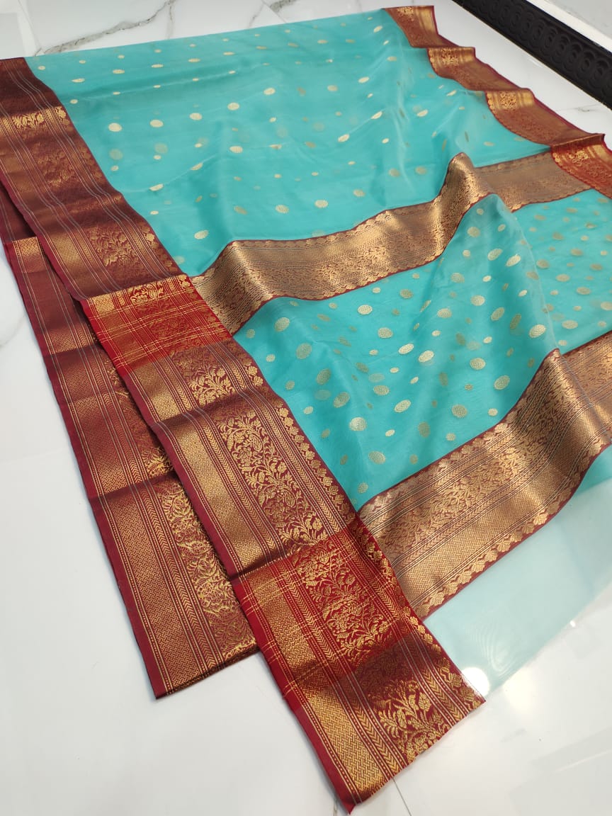 Handwoven Malachite Color Organza Chanderi Katan Silk Saree - Authentic Chanderi silk sarees Chanderi Saree - View 3
