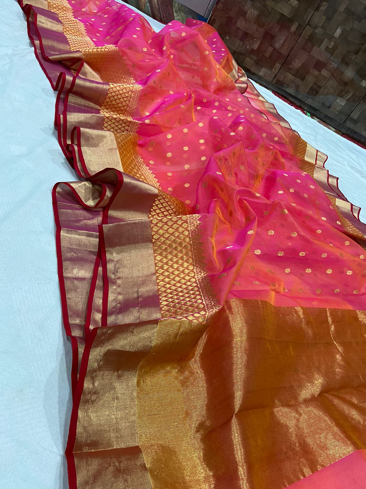 Handwoven Mandy Color Organza Chanderi Katan Silk Saree - Authentic Chanderi silk sarees Chanderi Saree - View 1