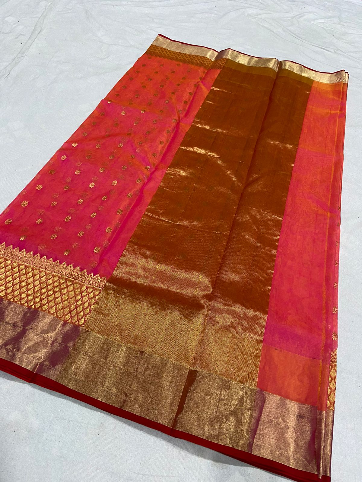 Handwoven Mandy Color Organza Chanderi Katan Silk Saree - Authentic Chanderi silk sarees Chanderi Saree - View 2