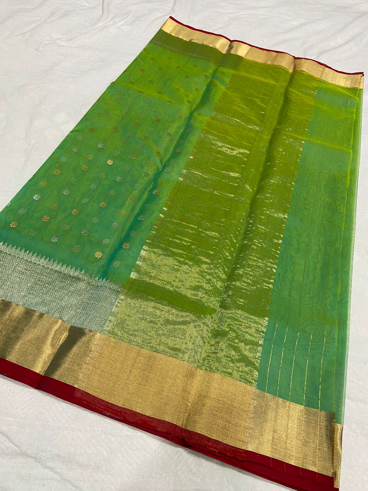 Handwoven Mantis Color Organza Chanderi Katan Silk Saree - Authentic Chanderi silk sarees Chanderi Saree - View 2