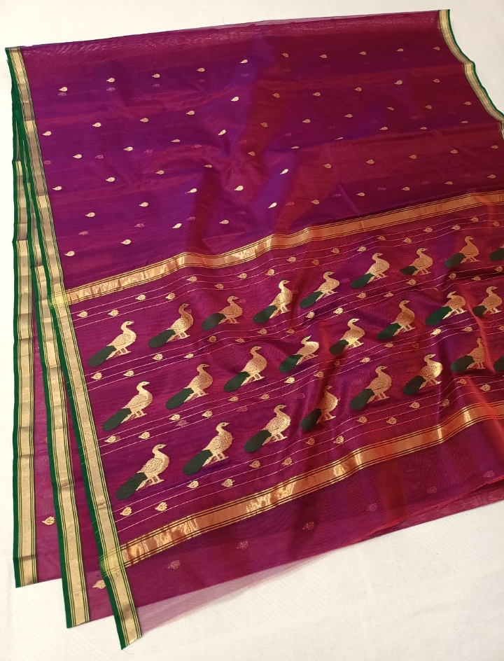 Handwoven Maroon Maroon Oak Color Organza Chanderi Katan Silk Saree - Authentic Chanderi silk sarees Chanderi Saree