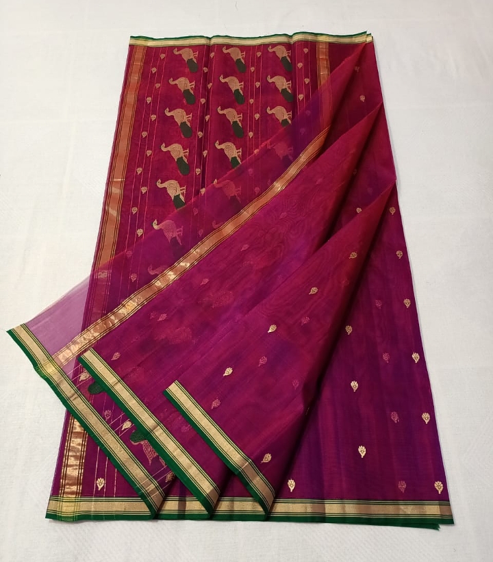Handwoven Maroon Maroon Oak Color Organza Chanderi Katan Silk Saree - Authentic Chanderi silk sarees Chanderi Saree - View 3