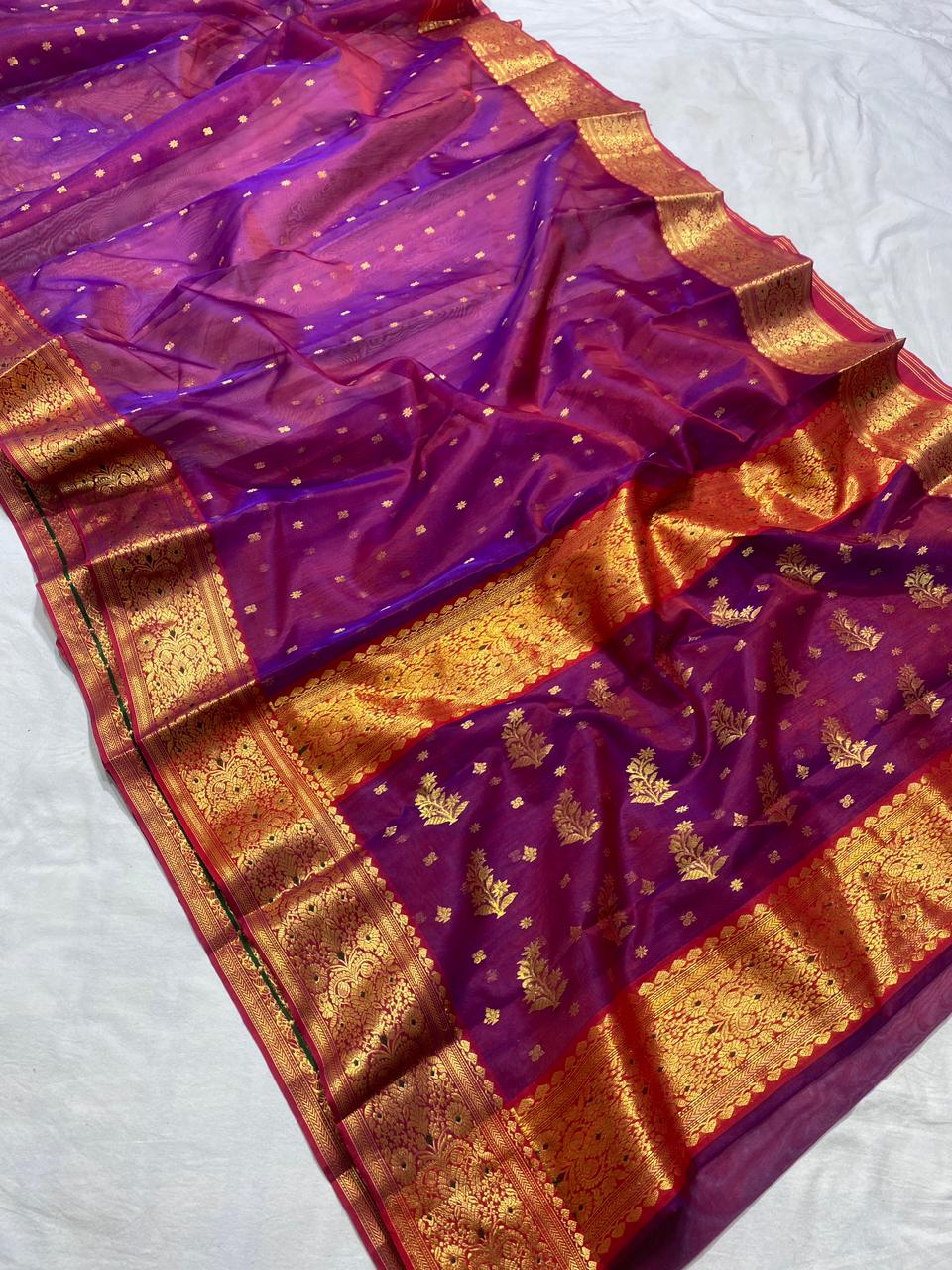 Handwoven Melanzane Color Organza Chanderi Katan Silk Saree - Authentic Chanderi silk sarees Chanderi Saree